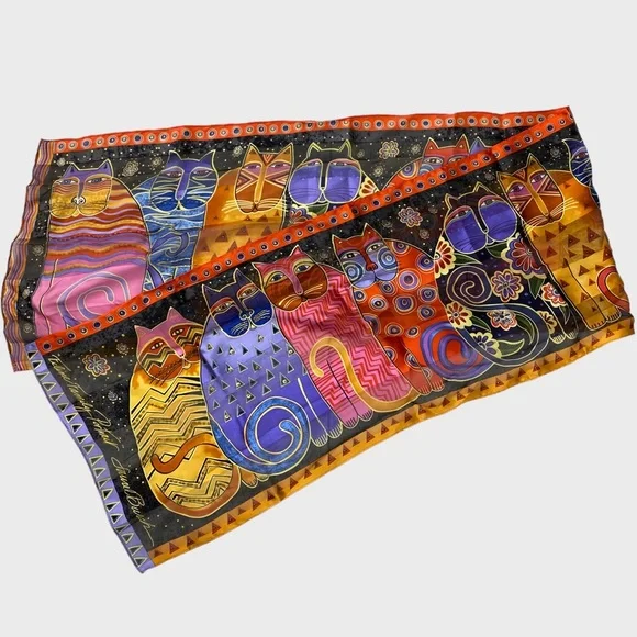 Vintage Laurel Burch Feline Family Portrait Multicolor Silk Scarf